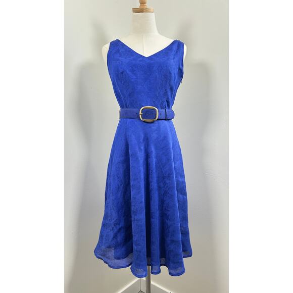 Cobalt Blue Sleeveless A Line Belted Knee Length Dress US 4 - Picture 1 of 6